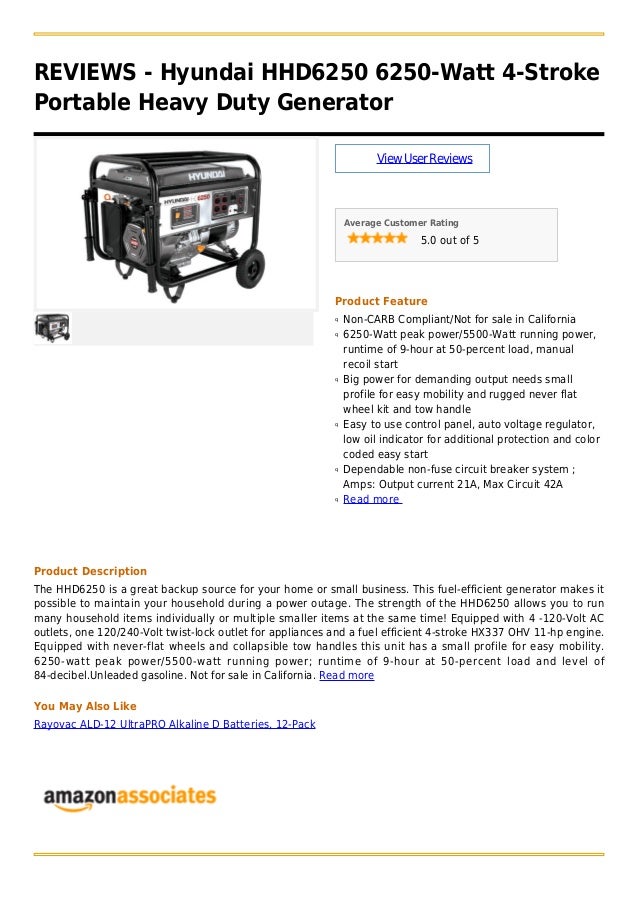 Hyundai hhd6250 6250 watt 4stroke portable heavy duty generator
