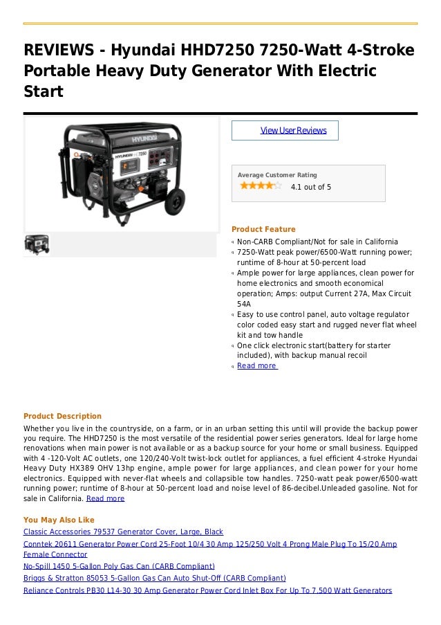 Hyundai hhd7250 7250 watt 4stroke portable heavy duty generator with