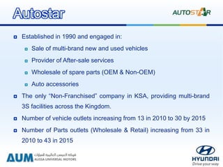  Established in 1990 and engaged in:
 Sale of multi-brand new and used vehicles
 Provider of After-sale services
 Wholesale of spare parts (OEM & Non-OEM)
 Auto accessories
 The only “Non-Franchised” company in KSA, providing multi-brand
3S facilities across the Kingdom.
 Number of vehicle outlets increasing from 13 in 2010 to 30 by 2015
 Number of Parts outlets (Wholesale & Retail) increasing from 33 in
2010 to 43 in 2015
Autostar
 
