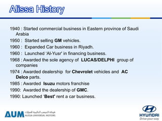 1940 : Started commercial business in Eastern province of Saudi
Arabia
1950 : Started selling GM vehicles.
1960 : Expanded Car business in Riyadh.
1960 : Launched ‘Al-Yusr' in financing business.
1968 : Awarded the sole agency of LUCAS/DELPHI group of
companies
1974 : Awarded dealership for Chevrolet vehicles and AC
Delco parts.
1985 : Awarded Isuzu motors franchise
1990: Awarded the dealership of GMC.
1990: Launched ‘Best' rent a car business.
Alissa History
 