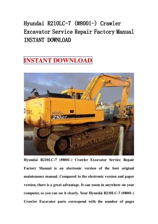 Service Hyundai Crawler Excavator R210LC-3 Workshop Shop Manual Repair