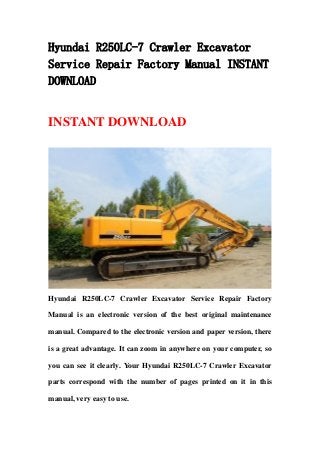 Hyundai R250LC-7 Crawler Excavator
Service Repair Factory Manual INSTANT
DOWNLOAD
INSTANT DOWNLOAD
Hyundai R250LC-7 Crawler Excavator Service Repair Factory
Manual is an electronic version of the best original maintenance
manual. Compared to the electronic version and paper version, there
is a great advantage. It can zoom in anywhere on your computer, so
you can see it clearly. Your Hyundai R250LC-7 Crawler Excavator
parts correspond with the number of pages printed on it in this
manual, very easy to use.
 