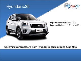 Hyundai ix25
Expected Launch : June 2015
Expected Price : 9.75 to 10.85
Upcoming compact SUV from Hyundai to come around June 2015
 