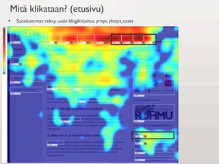 Mitä klikataan? (etusivu)
§    Suosituimmat: rekry, uusin blogikirjoitus, yritys, yhteys, caset
 