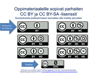 Tämä dia on muunnelma Tarmo Toikkasen tarmo.fi CC BY-SA -lisensoidusta teoksesta:
Tekijänoikeudet ja lisenssit (AVO): www.slideshare.net/tarmot/tekijnoikeudet-ja-lisenssit-avo
Oppimateriaaleille sopivat parhaiten
CC BY ja CC BY-SA -lisenssit
Suosituksesta poikkeamiseen kannattaa olla mietitty perustelu
Valittavissa
YouTubessa
Pixabay
 