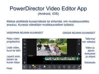 PowerDirector Video Editor App
(Android, iOS)
Klikkaa yksittäistä kuvaa/videota tai siirtymää, niin muokkausvalikko
avautuu. Kuvassa videoklipin muokkausvalikon työkalut.
VASEMMAN REUNAN KUVAKKEET
Palaa video-
projekteihisi
Lisää video,
kuva tai ääni
Layerit esim.
tekstin tai
kuvan lisäys
Hups
OIKEAN REUNAN KUVAKKEET
Tallenna/
tee videoksi
Video ja
äänen
Asetukset
ja ohjeet
Esikatsele
 