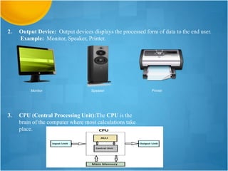2. Output Device: Output devices displays the processed form of data to the end user.
Example: Monitor, Speaker, Printer.
Monitor Speaker Printer
3. CPU (Central Processing Unit):The CPU is the
brain of the computer where most calculations take
place.
 