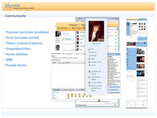 Publieke berichten (krabbels) Privé berichten (email) Tikken (instant krabbels) Groepsberichten Hyves desktop SMS Kaartje sturen Communicatie 