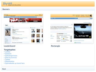 Banners Targetopties: Leeftijd Geslacht Opleidingsniveau Stad & provincie Tijdstip Relatiestatus Optimalisatie op brand fans Leaderboard Rectangle Back 