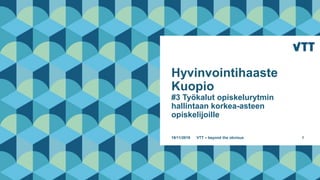 Hyvinvointihaaste
Kuopio
#3 Työkalut opiskelurytmin
hallintaan korkea-asteen
opiskelijoille
19/11/2019 VTT – beyond the obvious 1
 