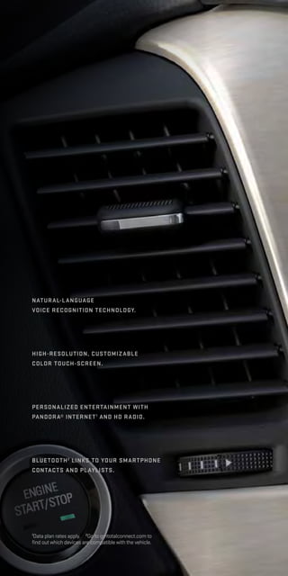 Natural-Language
Voice Recognition technology.
High-resolution, customizable
color touch-screen.
personalized entertainment with
Pandora® Internet1
and HD Radio.
Bluetooth2
links to your smartphone
contacts and playlists.
1
Data plan rates apply. 2
Go to gmtotalconnect.com to
find out which devices are compatible with the vehicle.
 