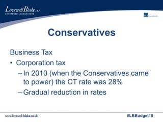 #LBBudget15
Conservatives
Business Tax
• Corporation tax
–In 2010 (when the Conservatives came
to power) the CT rate was 28%
–Gradual reduction in rates
 