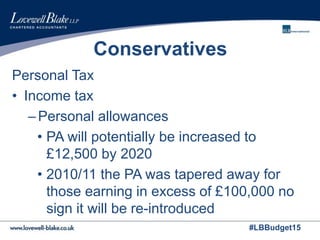 #LBBudget15
Conservatives
Personal Tax
• Income tax
–Personal allowances
• PA will potentially be increased to
£12,500 by 2020
• 2010/11 the PA was tapered away for
those earning in excess of £100,000 no
sign it will be re-introduced
 