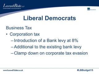 #LBBudget15
Liberal Democrats
Business Tax
• Corporation tax
–Introduction of a Bank levy at 8%
–Additional to the existing bank levy
–Clamp down on corporate tax evasion
 