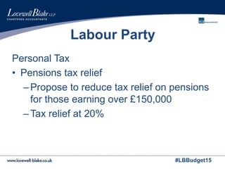 #LBBudget15
Labour Party
Personal Tax
• Pensions tax relief
–Propose to reduce tax relief on pensions
for those earning over £150,000
–Tax relief at 20%
 