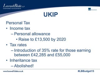 #LBBudget15
UKIP
Personal Tax
• Income tax
– Personal allowance
• Raise to £13,500 by 2020
• Tax rates
– Introduction of 35% rate for those earning
between £42,285 and £55,000
• Inheritance tax
– Abolished!
 