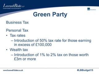 #LBBudget15
Green Party
Business Tax
Personal Tax
• Tax rates
– Introduction of 50% tax rate for those earning
in excess of £100,000
• Wealth tax
– Introduction of 1% to 2% tax on those worth
£3m or more
 