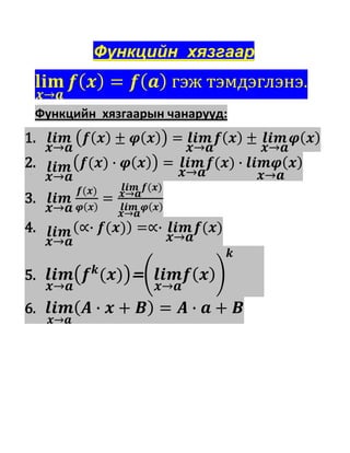 Функцийн хязгаар



1.
 Функцийн хязгаарын чанарууд:


2.

3.
4.


5.            =
6.
 