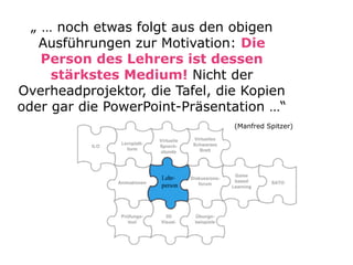 „ … noch etwas folgt aus den obigen
Ausführungen zur Motivation: Die
Person des Lehrers ist dessen
stärkstes Medium! Nicht der
Overheadprojektor, die Tafel, die Kopien
oder gar die PowerPoint-Präsentation …“
 
(Manfred Spitzer) 
 