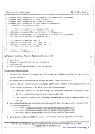 5. <property name="connection.driver~~1a~s'~>DriverClass Name </property>
6 . <property name="connection.url">URL </property>
7 . <property name="connection.user">user </property>
8 . <property name="connection.password~l>pa~~~~rd</property~
9. < ! - - Related to the connection END -->
10.
11. < ! - - Related to hibernate properties START -->
1 2 . <property name="show-sqll'>true/false</property>
1 3 . <property name="dialettt>Databasedialet class</property>
14 . <property name="hbm2ddl.auto">create/update or what ever</property>
15. < ! - - Related to hibernate properties END-->
16.
17. < ! - - Related to mapping START-->
1 8 . <mapping resource="hbm file 1 name .xml" / >
19. <mapping resource="hbm file 2 name .xml" / >
20. < ! - - Related to the mapping END -->
21.
22 . </session-factory>
23 . </hibernate-configuration>
I
' Q.) What are the Simple Hibernate Application Requirements?
I -.
Setting hibernate environment
I I
I
1 1 Entity class
2. Mappingfile(Requiredif you are not using annotations)
i 3. Configuration file
1 i ;To work with hibernate framework we need to add .jar(s) files provided by that framework to '
I
I j our java application.
4. DAO class (Wherewe write our logic to work with database)
( 1 i No framework-is installable software, it means we doesn't contain any setup.exe
I 'i When we download any framework, we will get a 'zip' file and we need to unzip it, to get the required 1.i
jar files, actually all frameworks will follow same common principles like... 1
j
!
o Framework will be in the form of a-setof jar files, where one jar file acts as main (We can call !
this file as core) and remaining will acts as dependent jar files.
1
I o Each Framework contain at least one configuration xml file, but multiple configuration files also
iallowed.
> We can download hibernate jar files from the following links. Based on requirement we can download
the corresponding version.
o For version 2.x (http://sourceforge.net/projects/hibernate/files/hibernate2/)
o For version 3.x (http://sourceforge.net/proiects/hibernate/f1les/hibernate3/)
o For version 4.x (http://sourceforge.net/projects/hibernate/f1Ies/hibernate4/)
> While dowr~loadingselect .zip file for windows environment, select .tar flle for unix environment. 1
j
Naresh iTechnologies,Opp. Satyam Theatre, Ameerpet, Hyderabad, Ph: 040-23746666,23734842
An IS0 9001:2000 CertifiedCompany
1:I
- ---
Page 9
1http://javabynataraj.blogspot.com 10
 
