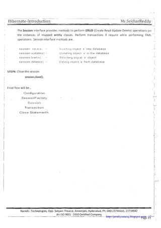 Hibernate-Introduction
The Session interface provides methods to perforni CRUD (Create Read Update Delete) operations o n i,..-
I the instances of mapped entity classes. Perform transactions if require while performing DML: :I
operations. Session interface methods are...
I
L; S s;,0 1-1 2:a:..'*i :3 : - l!l.:.el-tincl okjelzt .8' intl:~database. ! :-
. .
ses$;it:~n 1.19date1:s:- LJ:.~.cl~!it-~ciobject ' sit1 the ~:latabase I
, STEP6: Close the session
I Final .flow will be...
Sa:ssiul-1
TI-ansaction
Close Statet?lents
~areshi Technologies, Opp. Satyarn Theatre, Arneerpet, Hyderabad, Ph: 040-23746666, 23734842
An I S 0 9001 :2000 Certified Company-- . .
Page 11http://javabynataraj.blogspot.com 12
 