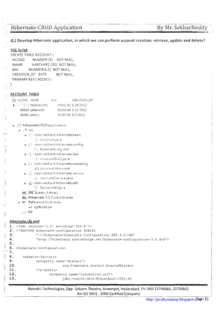 Hibernate-CRUD Application- By Mr. SeltharRedcly--..
- . ' - A
4.) Develop Hibernate application, i n which w e can perform account creation, retrieve, update and delete?
SQL Script
CREATE TABLE ACCOLIkIT (
ACCNO NUMBER (5) IUOT NULL,
NAME VARCHAR2 (20) NOT NULL,
BAL NUMBER(8,2) NOT NULL,
CREATION-DT DATE NOT NULL,
PRIMARY KEY ( ACCNO )
1
i ACCOUNT TABLE
E::-'..L CREAT IOII-DT
fiP541.07J ':74>:7illiJ . -..- .
! 91:1U02 yellari.diis; E:i;5d$.69 5;'15;21:112
gDlli13 clierr-,! - -ac(-iS?.?6 5,,'2!2l:l12
I
I
hibernate.cfg.xml
1 1. <?xml version='l.O1 encoding='UTF-8'?>
2 . <!DOCTYPE hibernate-configuration PUBLIC
I 3.
"-//Hibernate/Hibernate Configuration DTD 3.0//ENM
4 . "http:/>hibernate.sourceforge.net/hibernate-configuration-3.0.dtdIT>
--- -- I
I Naresh i Technologies, Opp. Satyam Theatre, Ameerpet, Hyderabad, Ph: 040-23746666, 23734842
I
I
I
An IS0 9001 :2000 Certified Company
---- -
p a s -http://javabynataraj.blogspot.com 13
 