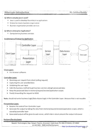 .-. -. pp.pp.--p.- ~ ... -. . . . ~ . - ..
. -
1 Hibernate-Introduction Mr.Sek11arReddy, - - -.
x.
Q) Where actually java is used?
Q Java is used to develop the enterprise applications
Q Enterprise means business organization
* Business organization provides servic2s
!
1 Q) What is Enterprise Application?
* Computerizing business services , .
1 Architecture of Enterprise Application
- . -
I
Controller Layer
I
Client Layer
-. Presentation II
I 1
Layer I
+ . a < * . : " - J :I--..- - _ "
I
1 Client Layer:
I
i 3 It is browser software.
1 Controller Layer:
1 P Receiving user request from client (calling request)
I > Capturing the user provided data
P Validating the user input
1 Calls the business method to get business services and get processed data
> Keep the processed data in memory(request/session/application scope)
I > Finally forwarding the request t o VIEW.
i
'~
IVote: should not write business-Logic/Data-Access-Logic in the Controller Layer. Because that is not reusable
Presentation Layer:
-
I P Receive the control from Controller Layer
/ P Generate the output by taking the data from memory(request/session/application scope), which is
stored by controller layer
P Generated output will be given t o web-server, which intern return present the output to browser
Business/Service Layer:
1I
Naresh i Technologies, Opp. Satyam Theatre, Anleerpet, Hyderabad, Ph: 040-23746666, 23734842
An IS0 9001 . 2000 Certified CompanyL-- - -.------ ---..--- -. -- -- - -.- -- - .--- -----.- -
Page 1
http://javabynataraj.blogspot.com 2
 