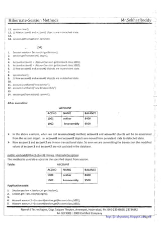 ~
pp ~~ .~
/ Hibernate-Session Methods -. ..
-. , . Mr.SekharReddy --::I ---- !
-.
1 11. session.clear(); I
I 12. //Now account1 and account2 objects are in detached state. !-! 13.
/ 14. session.getTransaction().conimit();
1
~,
1. Session session = Sess~onUtil.getSession();
2. session.getTransaction().begin();
3.
4. Account accountl = (Account)session.get(Account.class,1001);
5. Account account2 = ~Account)session.get(Account.class,1002);
6. // Now accountl and account2 objects are in persistent state.
7.
8. session.clear();
9. //Now accountl and account2 objects are in detached state.
10.
11. accountl.setName("newsekhar");
12. account2.setName("new kesavareddy").
13.
14. session.getTransaction().commit();
After execution:
ACCOUNT
ACCNO BALANCE
sekhar
kesavareddy
1
I i in the above example, when w e call session.clear() method, accountl and account2 objects will be de-associated )
from the session object. i.e. account1 and account2 objects are moved from persistent state t o detached state. I
9 Now accountl and account2 are in non-transactional state. So even we are committing the transaction the modified
I
values of account1and account2 are not updated in the database. iI
/ public void evict(0biect object) throws HibernateException:
i
This method is used de-associates the specified object from session.
Table: ACCOUNT
I
ACCNO BALANCE
1 I 1001 sekhar
1002 kesavareddy 9500 1I I I I
Application code:
1. Session session = SessionUtil.getSession(); r
4. Account account1 = (Account)session.get(Account.class,1001); 1,
5. Account account2 = (Account)session.get(Account.class,1002);
Naresh i Technologies, Opp. Satyam Theatre, Ameerpet, Hyderabad, Ph: 040-23746666,23734842
I
1
An IS0 9001 :2000 Certified Company
Page 1 - I -http://javabynataraj.blogspot.com 46
 