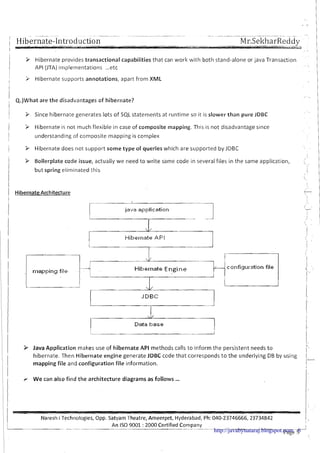 Hibernate-Introduction- --- -- McSekharReddy-.-
I
- -
i
i 3 Hibernate provides transactional capabilities that can work with both stand-alone or java Transaction 1I
1 API (JTA)imple~nentations...etc . .
, II i Hibernate supports annotations, apart from XML
I
I I
, Q.)What are the disadvantages of hibernate? 1II 3 Since hibernate generates lots of SQL statements at runtime so it is slower than pure JDBC
i i. Hibernate is not much flexible in case of composite mapping. This is not disadvantage since
1 understanding of conlposite mapping is complex
/ P Hibernate does not support some type of queries which are supported by JDBC
1 9 Boilerplate code issue, actually we need to write same code in several files in the same application,
I
',
but spring eliminated this I
I
1
1 HibernateArchitecture
1
java application
nAL'
Hibernate API
+r----
I--- Hilreinale Engin e .- configuration file

,I D E C
'./
Data base
1
Java Application makes use of hibernate API methods calls to inform the persistent needs t o I-,hibernate. Then Hibernate engine generate .lDBC code that corresponds t o the underlying DB by using 1l-
mapping file and configuration file information. I
I
I I r. We can also find the architecture diagrams as follows ...
i I
i Naresh i Technologies, Opp. Satyam Theatre, Ameerpet, Hyderabad, Ph: 040-23746666, 23734842
1( 1
L.- __ - __--
An IS0 9001 : 2000 Certified Company I
.--- .- - -
Page 5http://javabynataraj.blogspot.com 6
 