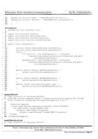 .~.~ - - ~ -. ~ ~.. ~ ~ ~~ .~
,~ Hibernate-Multi Database Colnmunication By Mr. SeltharReddy
, 21. System.out .prlntln("Name : "tmysqlAccount.aetl.!a:ne( ) ) ;
, 22. System.out.pr~1ltln("5alance: "tmysqlAccount.qer.Balance()) ;
23. 1
2 4 . 1
I SessionUtil.java
- 1. package corr,.neo.hibernate.util;
2.
1 3. import 01-9.hibernate.S-ssion;
4. import org.hibernate.SessionFactory;
1 5. import org.hibernate.cfg .Configuration;i
6. import org .ja:<en.Eunction .ConcatFunction;
1 7.
8. public class SessionUtil {
9.
1 10. private static SessionFactory oraclFactory;
11. private static SessionFactory mysqlFactory;
1 12.I stacic (
13. n r ? c l Factory = new Configuration i : . ranfigure (
. I ;;: "com/neo/hibernate/config/~racle.hibernate.cfg.xml")
-- .buildSessionFactory();
' 1 16. mysqlFactory = new configuration().configure(
, I 17. "corn/neo/hibernate/config/~nys~ql.hibernate.cfg.xml")
- 18. .buildSessionFactory(!;
1 19. 1
20.
 I ;;: public static Session getOracleSession() [
return oraclFactory.openSession();
23. 1
1 24.
25. public static Session getMysqlSession() {
1 26. return mysqlFactory.openSession();
27. 1
28. public static void main(String[] args) {
1 29. System.out.println(getMysqlSession()) ;
30. 1
' 3 1 , !
1 Account.hbm.xrnl
1. <?xml version="l.0" encoding="UTF-8Ir?>
1 2. <!DOCTYPE hibernate-rnapplng PUBLIC "-//Hibernate/HlbernateMapping DTD 3.O//ENU
I "http://h~bernate.sourceforge.net/hibernate-mappng-3.0td">
3.
4. <hibernate-mapping>
5. <class name="corn.neo.hibernate.vo.Account" table="ACCOUNT">
I 6 -
<id name="accno" column="ACNO"></id>
- 7. <property narne="name"></property>
8. <property name="balance" column="BAL1'></property>
1 9. </class>
I
10. </hibernate-mapping>
I I
I Naresh I l.echnolog~es,Opp. Satyam Theatre, Ameerpet, ~ ~ d e r a b a d ,Ph: 040-23746666, 23734842 I
An I S 0 9001 :2000 Certified Company I
I __I
Page 7http://javabynataraj.blogspot.com 65
 