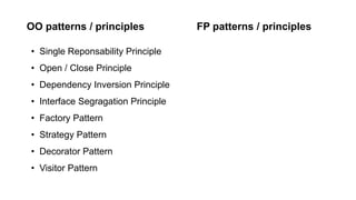 OO patterns / principles FP patterns / principles
• Single Reponsability Principle
• Open / Close Principle
• Dependency Inversion Principle
• Interface Segragation Principle
• Factory Pattern
• Strategy Pattern
• Decorator Pattern
• Visitor Pattern
 