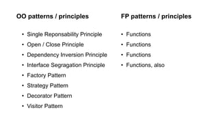 OO patterns / principles FP patterns / principles
• Functions
• Functions
• Functions
• Functions, also
• Single Reponsability Principle
• Open / Close Principle
• Dependency Inversion Principle
• Interface Segragation Principle
• Factory Pattern
• Strategy Pattern
• Decorator Pattern
• Visitor Pattern
 