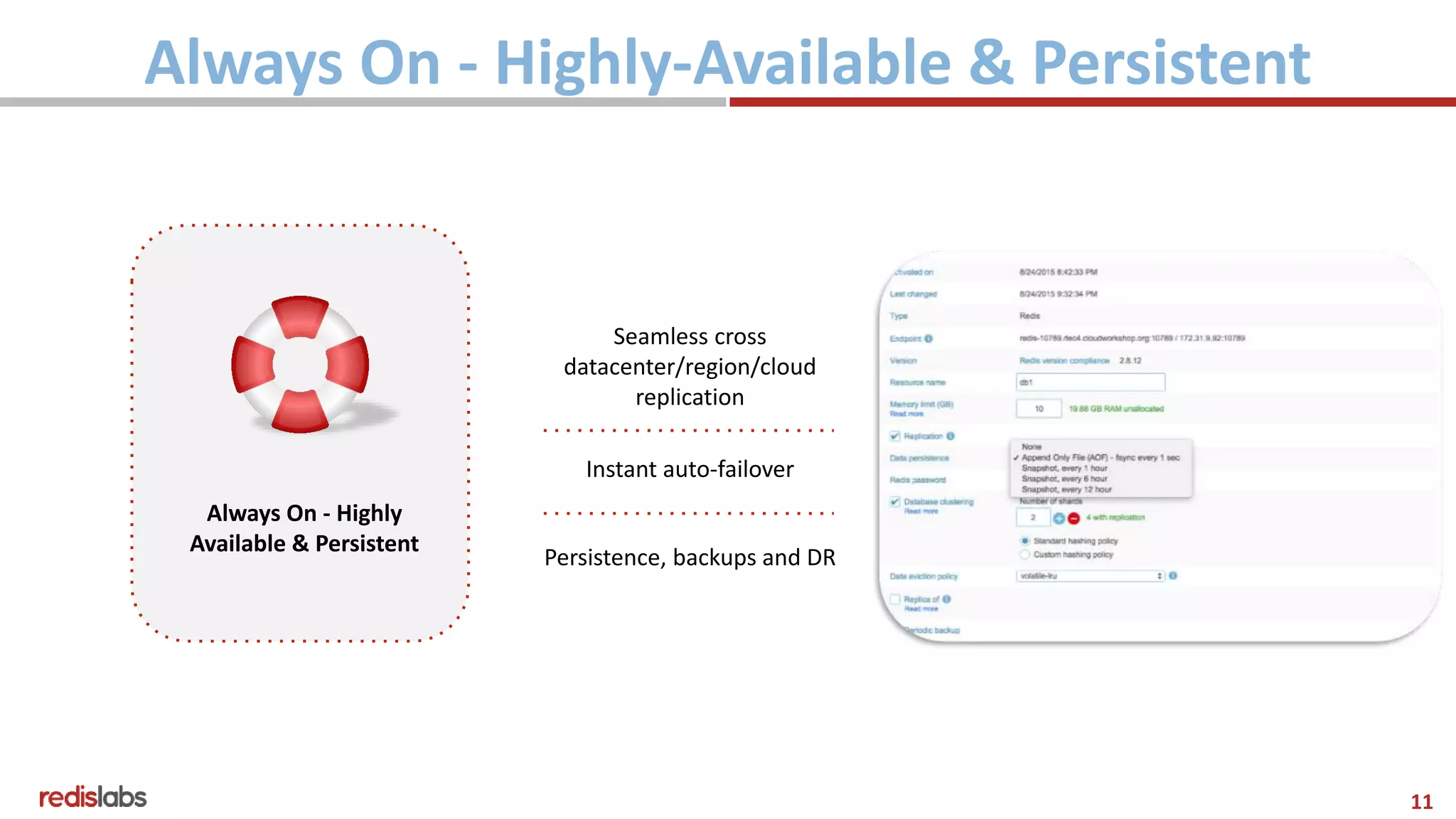 11
Always On - Highly
Available & Persistent
Seamless cross
datacenter/region/cloud
replication
Instant auto-failover
Persistence, backups and DR
Always On - Highly-Available & Persistent
 