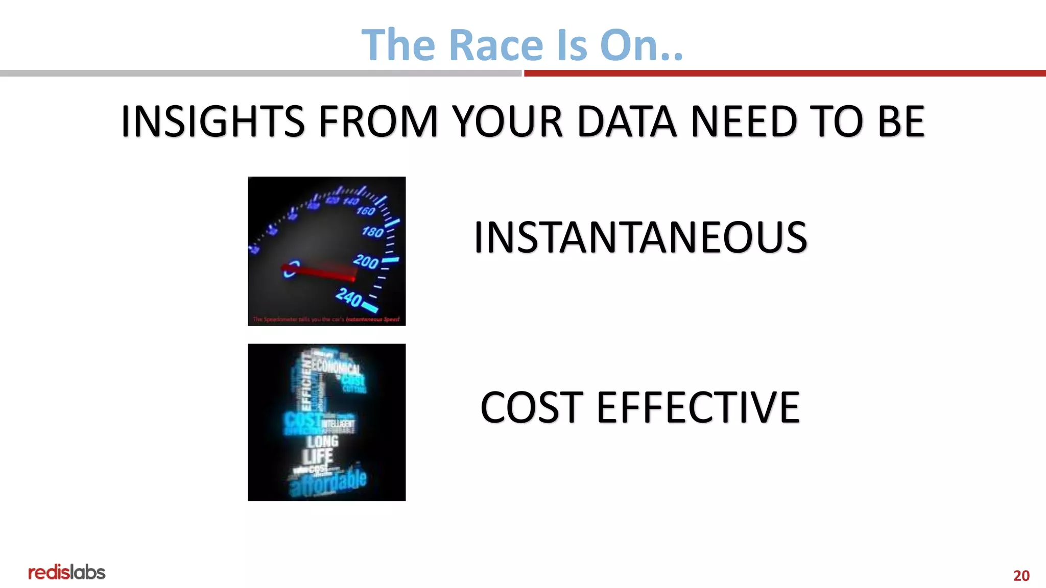 20
The Race Is On..
INSIGHTS FROM YOUR DATA NEED TO BE
INSTANTANEOUS
COST EFFECTIVE
 