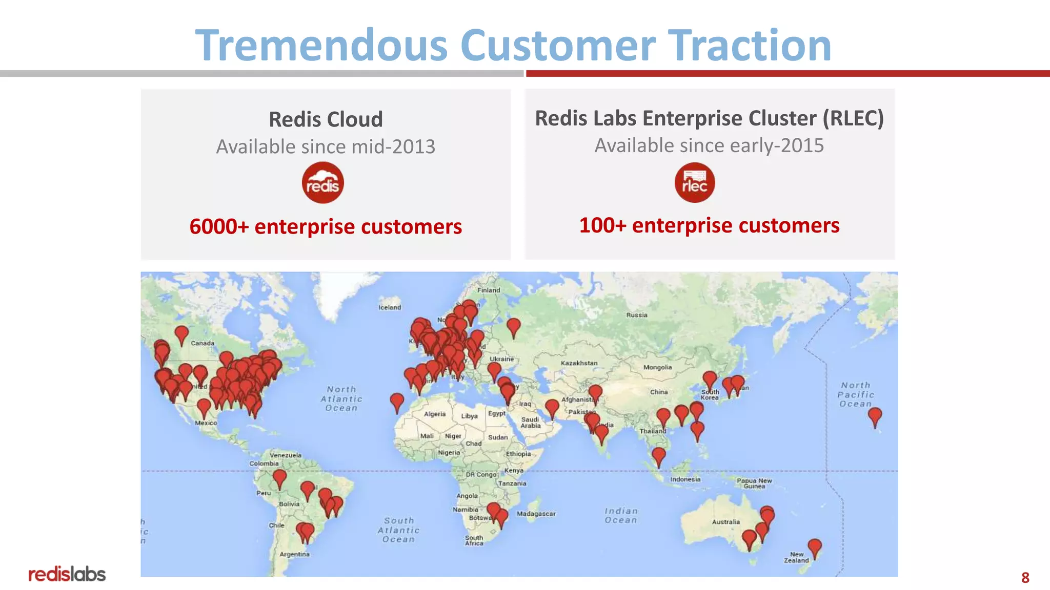 8
Tremendous Customer Traction
Redis Cloud
Available since mid-2013
6000+ enterprise customers
Redis Labs Enterprise Cluster (RLEC)
Available since early-2015
100+ enterprise customers
 