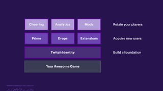 TwitchCon 2018 San Jose, California
Twitch Identity
Prime Drops Extensions
Cheering Analytics Mods
Your Awesome Game
Build a foundation
Acquire new users
Retain your players
 