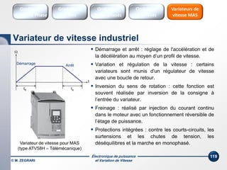 Électronique de puissance
et Variation de Vitesse© M. ZEGRARI
119
 Démarrage et arrêt : réglage de l'accélération et de
la décélération au moyen d’un profil de vitesse.
 Variation et régulation de la vitesse : certains
variateurs sont munis d'un régulateur de vitesse
avec une boucle de retour.
 Inversion du sens de rotation : cette fonction est
souvent réalisée par inversion de la consigne à
l’entrée du variateur.
 Freinage : réalisé par injection du courant continu
dans le moteur avec un fonctionnement réversible de
l’étage de puissance.
 Protections intégrées : contre les courts-circuits, les
surtensions et les chutes de tension, les
déséquilibres et la marche en monophasé.Variateur de vitesse pour MAS
(type ATV58H – Télémécanique)

Démarrage Arrêt
td ta
t
Variateurs de
vitesse MAS
Gradateurs
Ondes
Gradateurs
Contrôle Phase
Onduleurs
Monophasés
Onduleurs
Triphasés
Variateur de vitesse industriel
 