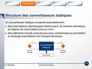 Électronique de puissance
et Variation de Vitesse© M. ZEGRARI
21
Un convertisseur statique comporte essentiellement :
 Des interrupteurs électroniques fonctionnant, de manière périodique,
en régime de commutation (tout ou rien).
 Des éléments réactifs (inductances et/ou condensateurs) permettant
le stockage intermédiaire de l’énergie électrique.
Convertisseur
Statique
Source
d’entrée
ie
Commande
Structure des convertisseurs statiques
is
Source
de sortie
ve vs
Variateurs Sources Sources HarmoniquesInterrupteursConvertisseurs
 