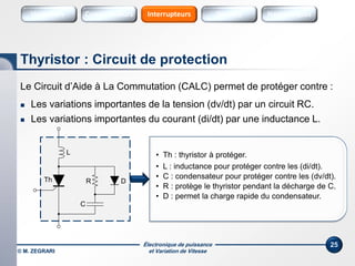Électronique de puissance
et Variation de Vitesse© M. ZEGRARI
25
Le Circuit d’Aide à La Commutation (CALC) permet de protéger contre :
 Les variations importantes de la tension (dv/dt) par un circuit RC.
 Les variations importantes du courant (di/dt) par une inductance L.
Thyristor : Circuit de protection
L
RTh D
C
• Th : thyristor à protéger.
• L : inductance pour protéger contre les (di/dt).
• C : condensateur pour protéger contre les (dv/dt).
• R : protège le thyristor pendant la décharge de C.
• D : permet la charge rapide du condensateur.
Variateurs SourcesConvertisseurs Sources HarmoniquesInterrupteurs
 