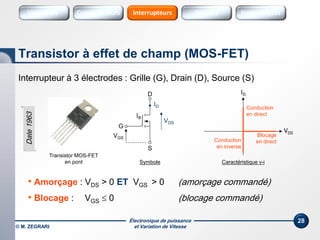 Électronique de puissance
et Variation de Vitesse© M. ZEGRARI
28
Interrupteur à 3 électrodes : Grille (G), Drain (D), Source (S)
• Amorçage : VDS > 0 ET VGS > 0 (amorçage commandé)
• Blocage : VGS  0 (blocage commandé)
Transistor à effet de champ (MOS-FET)
Symbole
VDS
ID
Conduction
en direct
Caractéristique v-i
D
S
VDS
ID
Transistor MOS-FET
en pont
IB
Blocage
en direct
G
Date1963
VGS
Conduction
en inverse
Variateurs SourcesConvertisseurs Sources HarmoniquesInterrupteurs
 