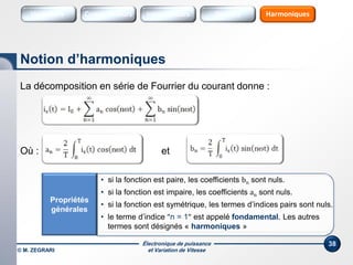 Électronique de puissance
et Variation de Vitesse© M. ZEGRARI
38
La décomposition en série de Fourrier du courant donne :
Où : et
Notion d’harmoniques
• si la fonction est paire, les coefficients bn sont nuls.
• si la fonction est impaire, les coefficients an sont nuls.
• si la fonction est symétrique, les termes d’indices pairs sont nuls.
• le terme d’indice n = 1 est appelé fondamental. Les autres
termes sont désignés « harmoniques »
Propriétés
générales
Variateurs Sources HarmoniquesConvertisseurs SourcesInterrupteurs
 