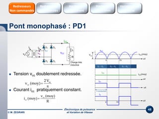 Électronique de puissance
et Variation de Vitesse© M. ZEGRARI
48
m
cc
2V
v (moy)

D1
R
iS
iCC
iD1
Tr
vCCvS
D3
D2 D4
ip
vp
L
Charge très
inductive
D1 – D4
ωt
 conduction
iCC
ωt
iCC(moy)
π
vCC
ωt
vCC(moy)Vm
2π
2π
D1 – D4D2 – D3
π
 Tension vcc doublement redressée.
 Courant icc pratiquement constant.
cc
cc
v (moy)
i (moy)
R

iD1
iS
ωt
Pont monophasé : PD1
Hacheurs
réversibles
Variateurs de
vitesse
Hacheurs
1 Quadrant
Redresseurs
Commandés
Redresseurs
Non commandés
 