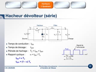 Électronique de puissance
et Variation de Vitesse© M. ZEGRARI
57
 Temps de conduction : tON
 Temps de blocage : tOFF
 Période de hachage : Ts = tON + tOFF
 Rapport cyclique :  = tON / Ts
tON = α Ts
tOFF = (1 – α) Ts
Source Charge
VCC
icc
iD
iR
iC
vRvC
L
D RC
T
iL
vF
Hacheur Filtre
tON tOFF
Ts = 1/fs
t
vCOM
Signal de
commande
Hacheur dévolteur (série)
Hacheurs
réversibles
Variateurs de
vitesse
Hacheurs
1 Quadrant
Redresseurs
Commandés
Redresseurs
Non commandés
 