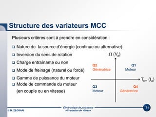 Électronique de puissance
et Variation de Vitesse
71
Plusieurs critères sont à prendre en considération :
 Nature de la source d’énergie (continue ou alternative)
 Inversion du sens de rotation
 Charge entraînante ou non
 Mode de freinage (naturel ou forcé)
 Gamme de puissance du moteur
 Mode de commande du moteur
(en couple ou en vitesse)
Structure des variateurs MCC
Tem (Ia)
 (Va)
Q1
Moteur
Q4
Génératrice
Q3
Moteur
Q2
Génératrice
© M. ZEGRARI
 