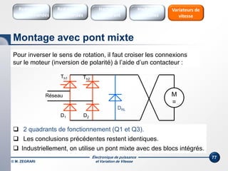 Électronique de puissance
et Variation de Vitesse
77
Pour inverser le sens de rotation, il faut croiser les connexions
sur le moteur (inversion de polarité) à l’aide d’un contacteur :
Réseau M
=
DRL
Th2
Th1
D1 D2
 2 quadrants de fonctionnement (Q1 et Q3).
 Les conclusions précédentes restent identiques.
 Industriellement, on utilise un pont mixte avec des blocs intégrés.
Montage avec pont mixte
Redresseurs
Commandés
Redresseurs
Non commandés
Hacheurs
1 Quadrant
Variateurs de
vitesse
Hacheurs
réversibles
© M. ZEGRARI
 