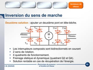 Électronique de puissance
et Variation de Vitesse
80
Deuxième solution : ajouter un deuxième pont en tête-bêche.
 Les interrupteurs composés sont bidirectionnels en courant
 2 sens de rotation.
 4 quadrants de fonctionnement.
 Freinage statique et dynamique (quadrant Q2 et Q4).
 Solution rentable en cas de récupération de l’énergie.
Inversion du sens de marche
Redresseurs
Commandés
Redresseurs
Non commandés
Hacheurs
1 Quadrant
Variateurs de
vitesse
Hacheurs
réversibles
Réseau M
=
Th2Th1
Th3 Th4
Réseau
T’h2T’h1
T’h3 T’h4
© M. ZEGRARI
 