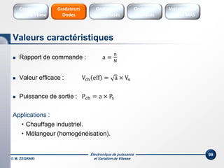 Électronique de puissance
et Variation de Vitesse© M. ZEGRARI
98
 Rapport de commande : a =
n
N
 Valeur efficace : Vch eff = a × Vs
 Puissance de sortie : Pch = a × Ps
Applications :
• Chauffage industriel.
• Mélangeur (homogénéisation).
Onduleurs
Triphasés
Variateurs de
vitesse MAS
Onduleurs
Monophasés
Gradateurs
Ondes
Valeurs caractéristiques
Gradateurs
Contrôle Phase
 