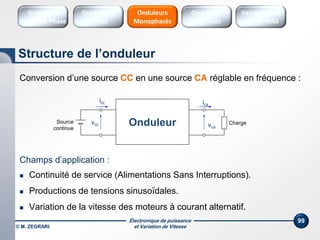 Électronique de puissance
et Variation de Vitesse© M. ZEGRARI
99
Conversion d’une source CC en une source CA réglable en fréquence :
Champs d’application :
 Continuité de service (Alimentations Sans Interruptions).
 Productions de tensions sinusoïdales.
 Variation de la vitesse des moteurs à courant alternatif.
OnduleurSource
continue
Charge
icc ica
vcc vca
Structure de l’onduleur
Onduleurs
Triphasés
Variateurs de
vitesse MAS
Onduleurs
Monophasés
Gradateurs
Ondes
Gradateurs
Contrôle Phase
 