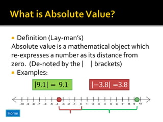  Definition (Lay-man’s)
Absolute value is a mathematical object which
re-expresses a number as its distance from
zero. (De-noted by the brackets)
 Examples:
9.1 = 9.1 −3.8 =3.8
Home
 
