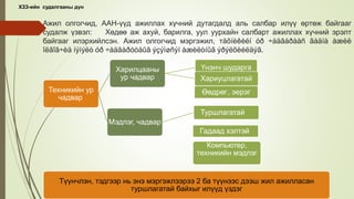 Ажил олгогчид, ААН-үүд ажиллах хүчний дутагдалд аль салбар илүү өртөж байгааг
судалж үзвэл: Хөдөө аж ахуй, барилга, уул уурхайн салбарт ажиллах хүчний эрэлт
байгааг илэрхийлсэн. Ажил олгогчид мэргэжил, тåõíèêèéí óð ÷àäâàðààñ ãàäíà àæèë
îëãîã÷èä íýìýëò óð ÷àäâàðóóäûã ýçýìøñýí àæèëòíûã ýðýëõèéëäýã.
Техникийн ур
чадвар
Харилцааны
ур чадвар
Үнэнч шударга
Хариуцлагатай
Мэдлэг, чадвар
Туршлагатай
Өөдрөг, эерэг
Гадаад хэлтэй
Компьютер,
техникийн мэдлэг
Түүнчлэн, тэдгээр нь энэ мэргэжлээрээ 2 ба түүнээс дээш жил ажилласан
туршлагатай байхыг илүүд үздэг
ХЗЗ-ийн судалгааны дүн
 
